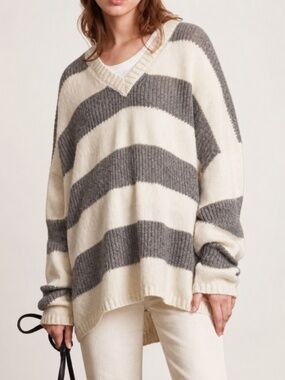 ALL SAINTS Lou Sparkle Jumper V-Neck Spring Sweater in Gray Cream - Medium - NWT